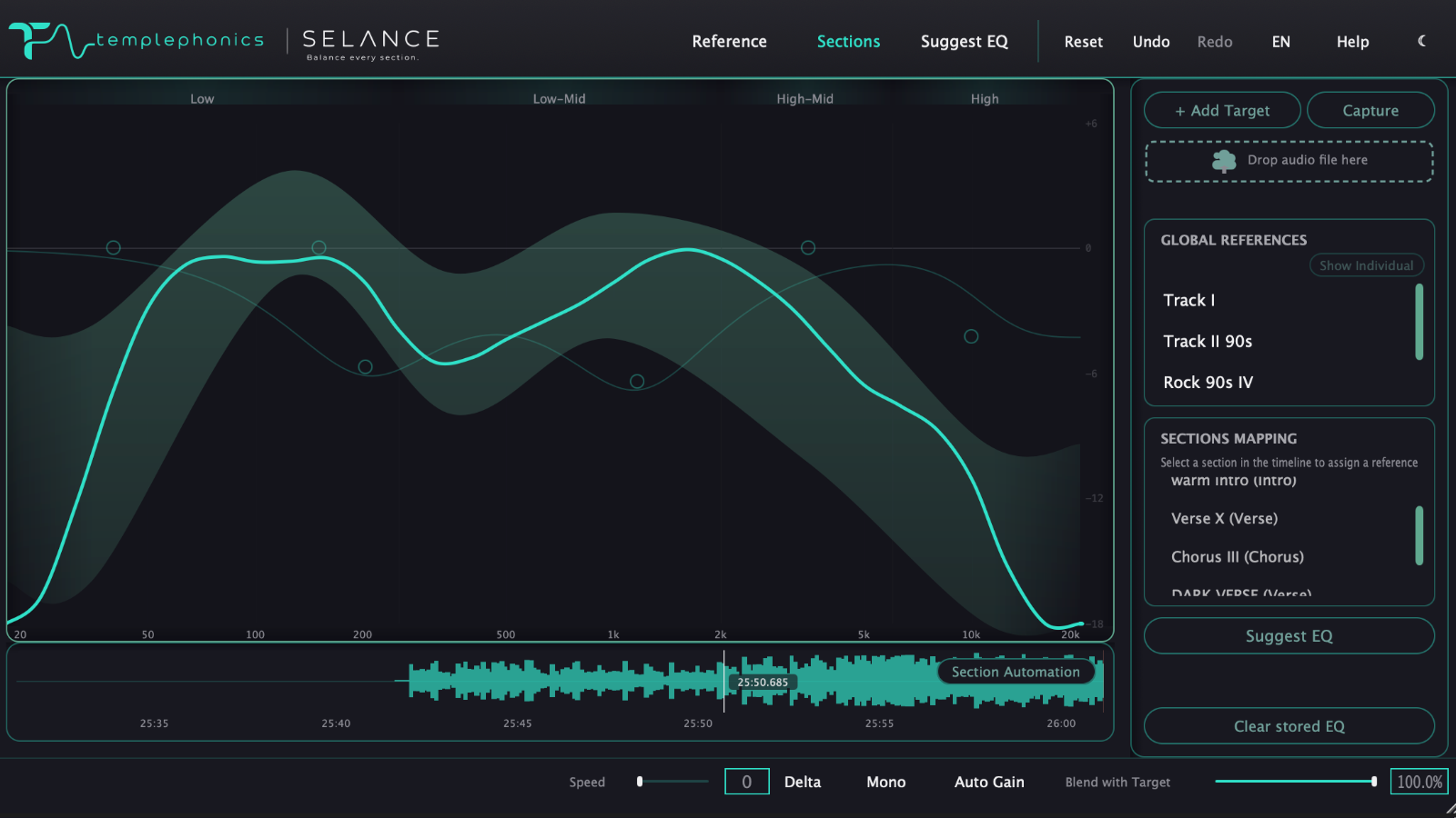 SELANCE tonal balance and EQ measured against a target