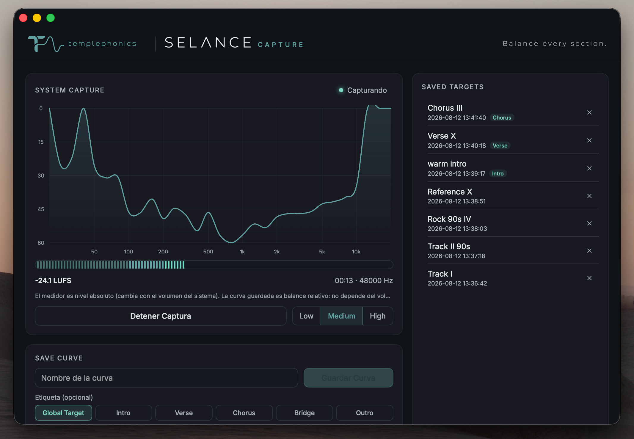 SELANCE Capture with a live tonal balance curve and saved targets