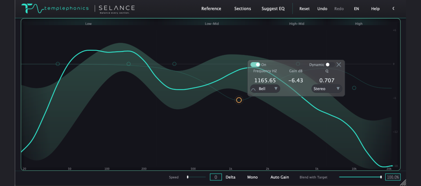 SELANCE tonal balance analysis and EQ measured against a target